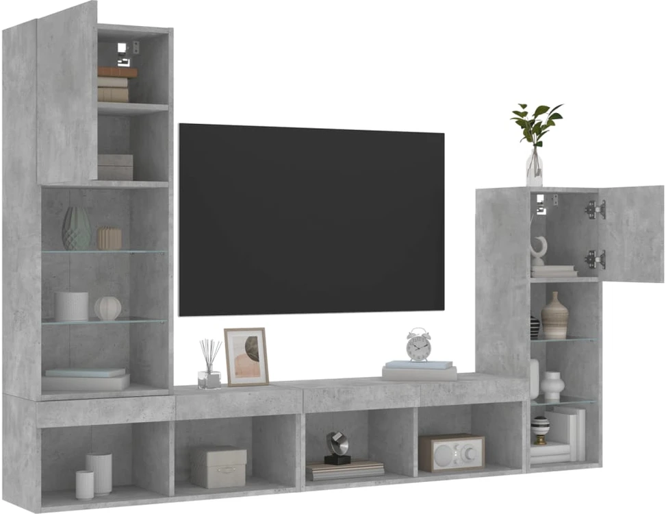 TV staliukas Sieninė TV sekcija su LED, 4 dalių, betono, apdirbta mediena