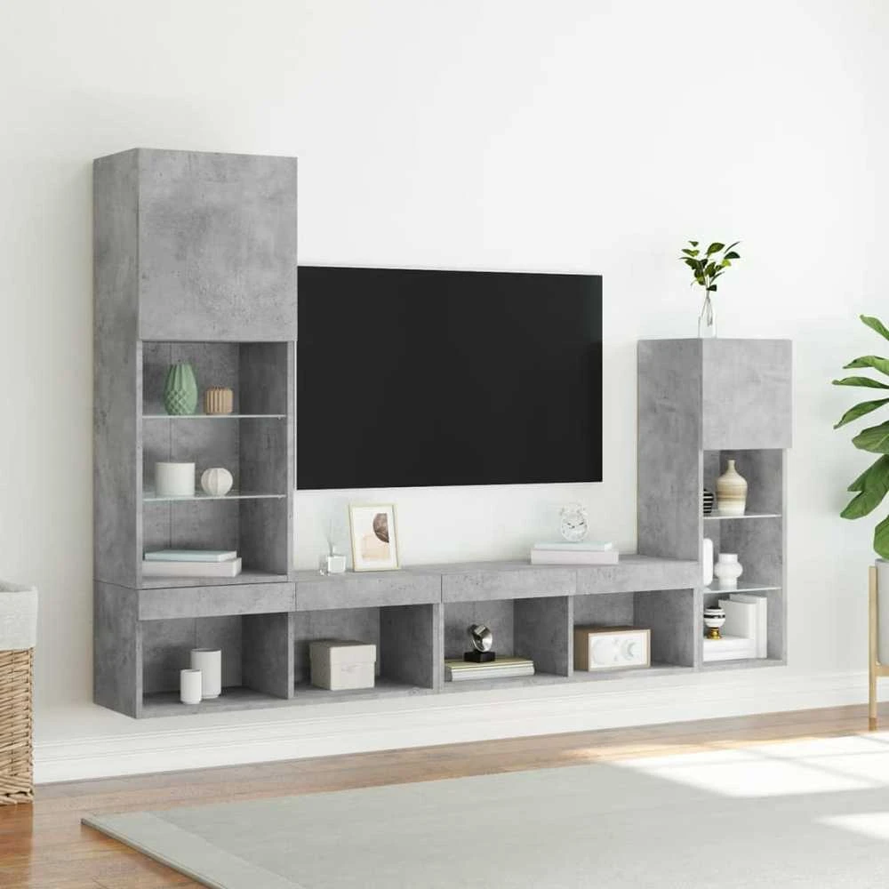 TV staliukas Sieninė TV sekcija su LED, 4 dalių, betono, apdirbta mediena