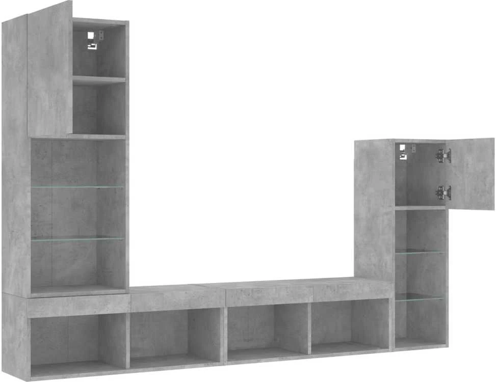 TV staliukas Sieninė TV sekcija su LED, 4 dalių, betono, apdirbta mediena