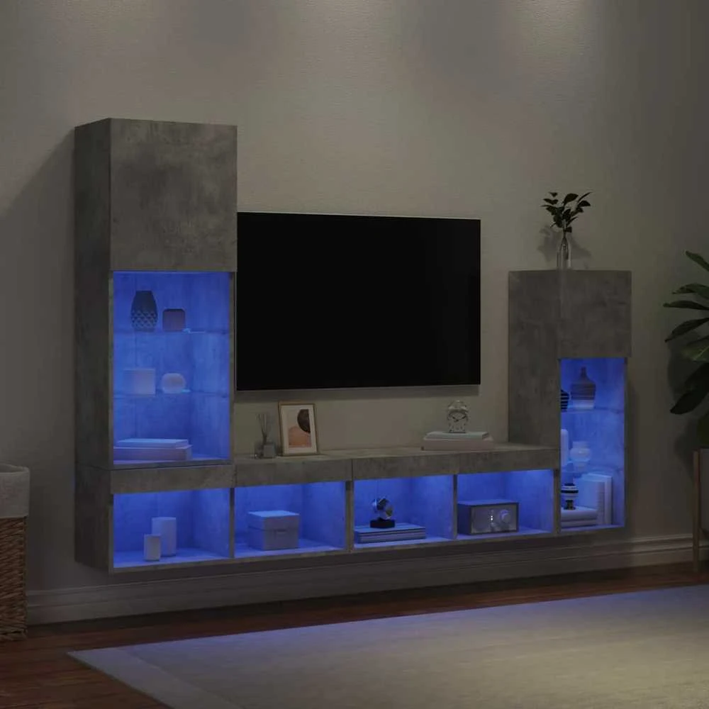 TV staliukas Sieninė TV sekcija su LED, 4 dalių, betono, apdirbta mediena