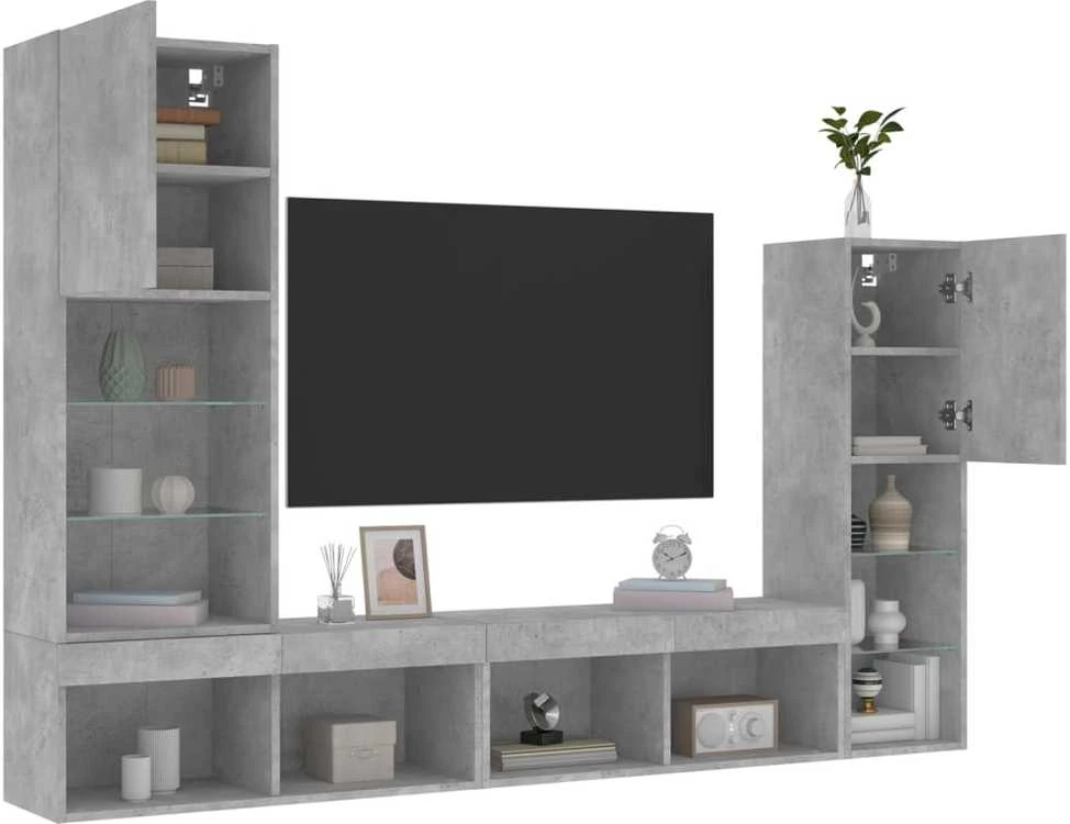 TV staliukas Sieninė TV sekcija su LED, 4 dalių, betono, apdirbta mediena