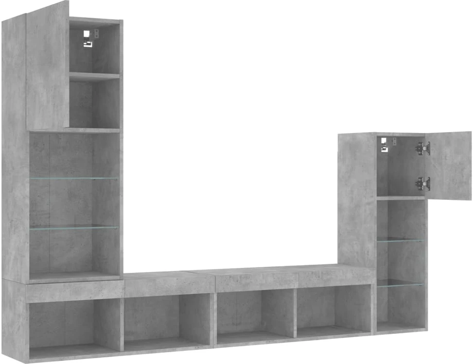 TV staliukas Sieninė TV sekcija su LED, 4 dalių, betono, apdirbta mediena