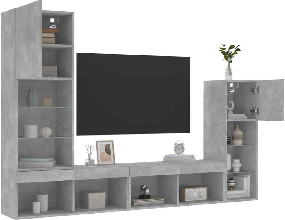 TV staliukas Sieninė TV sekcija su LED, 4 dalių, betono, apdirbta mediena