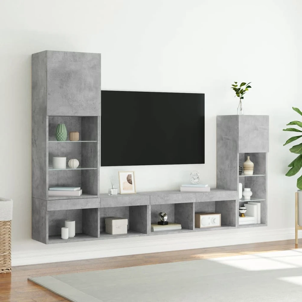 TV staliukas Sieninė TV sekcija su LED, 4 dalių, betono, apdirbta mediena