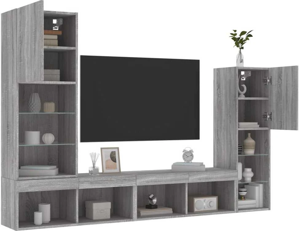TV staliukas Sieninė TV sekcija su LED, 4 dalių, pilka ąžuolo, mediena