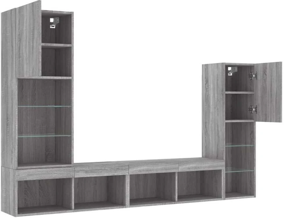 TV staliukas Sieninė TV sekcija su LED, 4 dalių, pilka ąžuolo, mediena