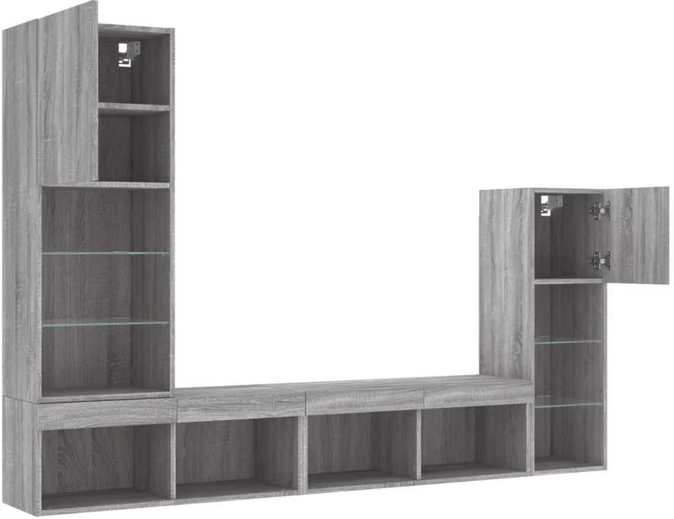 TV staliukas Sieninė TV sekcija su LED, 4 dalių, pilka ąžuolo, mediena
