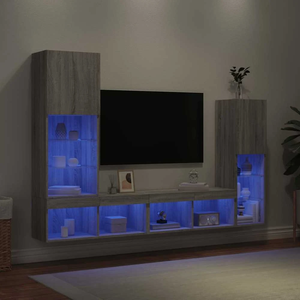 TV staliukas Sieninė TV sekcija su LED, 4 dalių, pilka ąžuolo, mediena