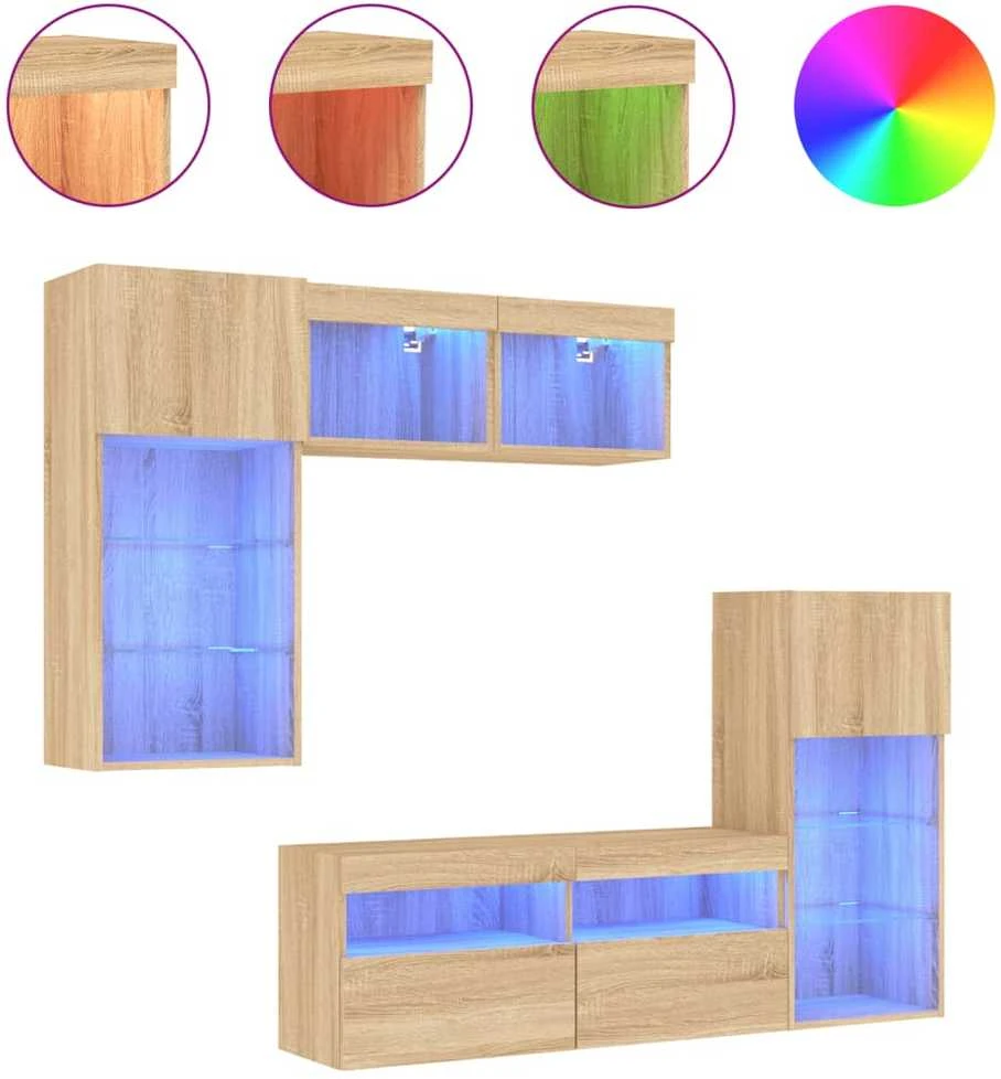 TV staliukas Sieninė TV sekcija su LED, 5 dalių, ąžuolo, apdirbta mediena