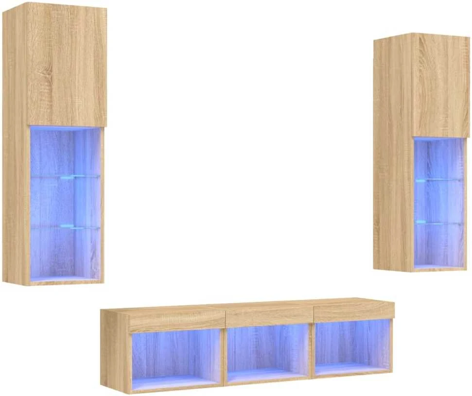 TV staliukas Sieninė TV sekcija su LED, 5 dalių, ąžuolo, apdirbta mediena
