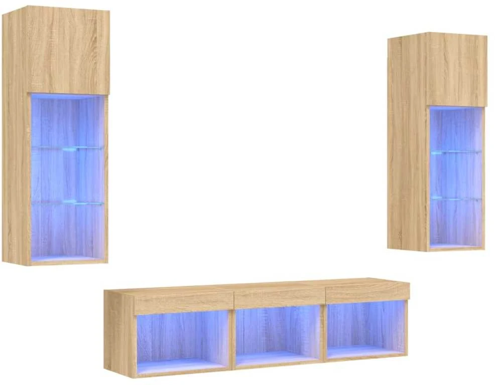 TV staliukas Sieninė TV sekcija su LED, 5 dalių, ąžuolo, apdirbta mediena