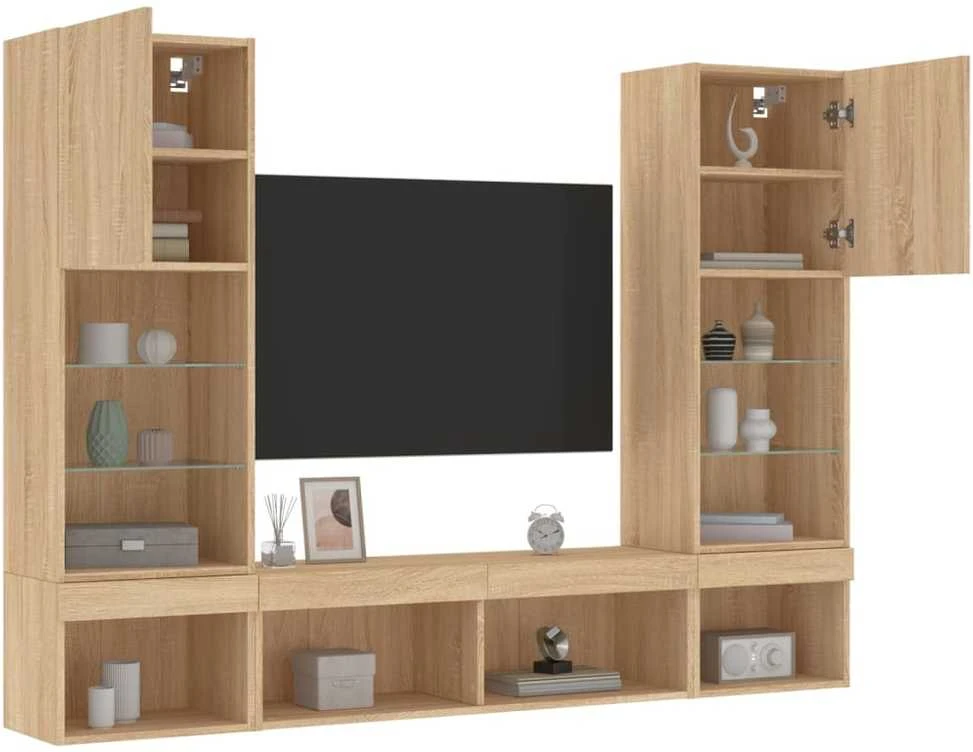TV staliukas Sieninė TV sekcija su LED, 5 dalių, ąžuolo, apdirbta mediena