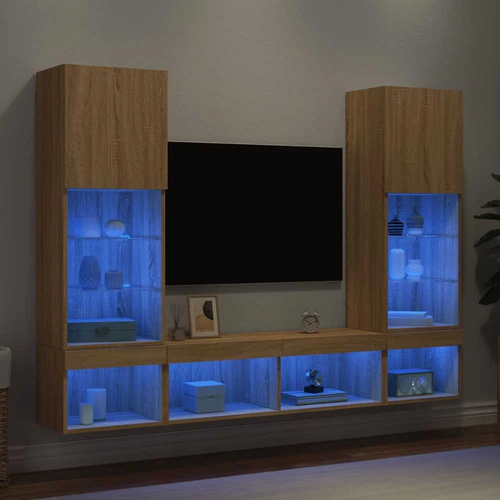 TV staliukas Sieninė TV sekcija su LED, 5 dalių, ąžuolo, apdirbta mediena