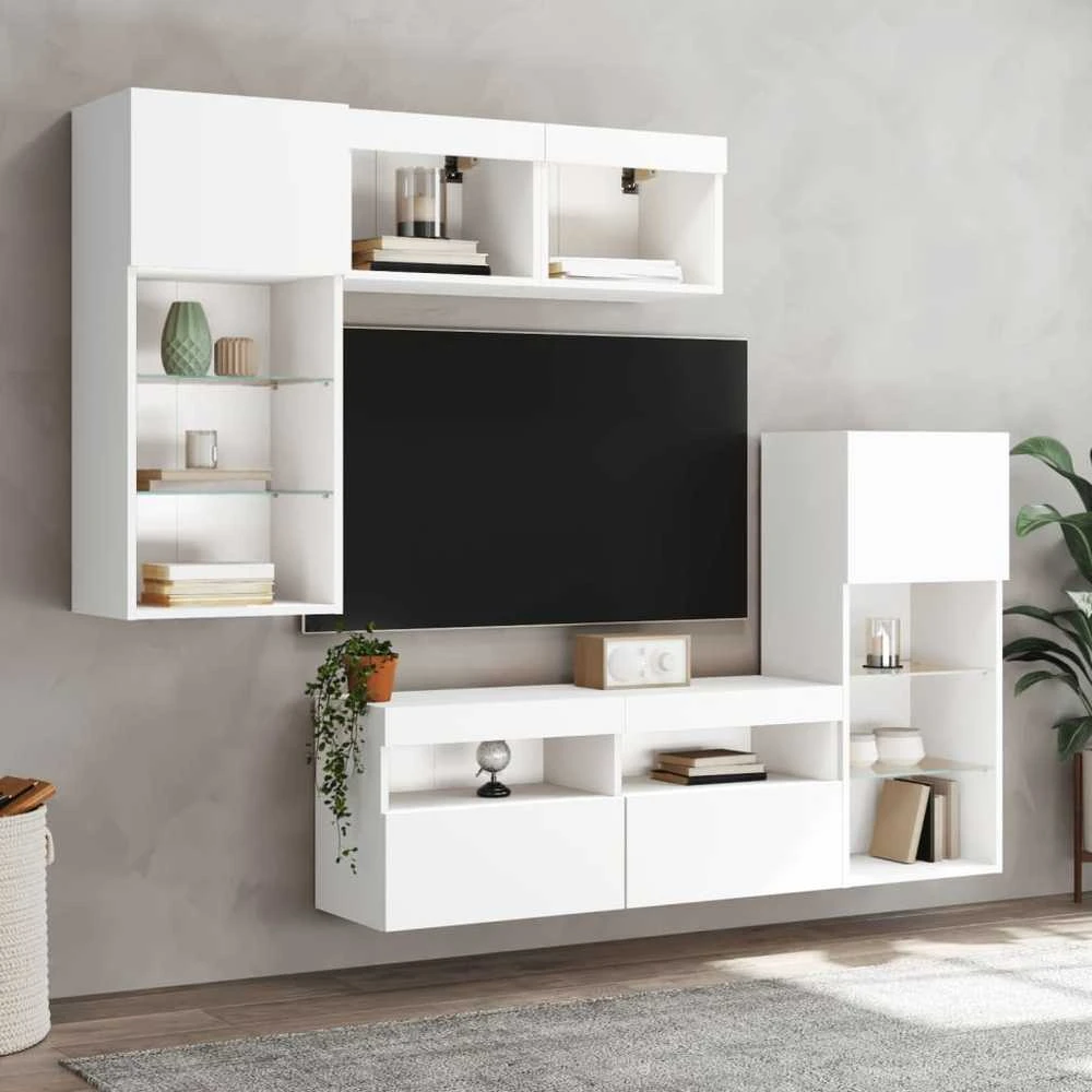 TV staliukas Sieninė TV sekcija su LED, 5 dalių, balta, apdirbta mediena