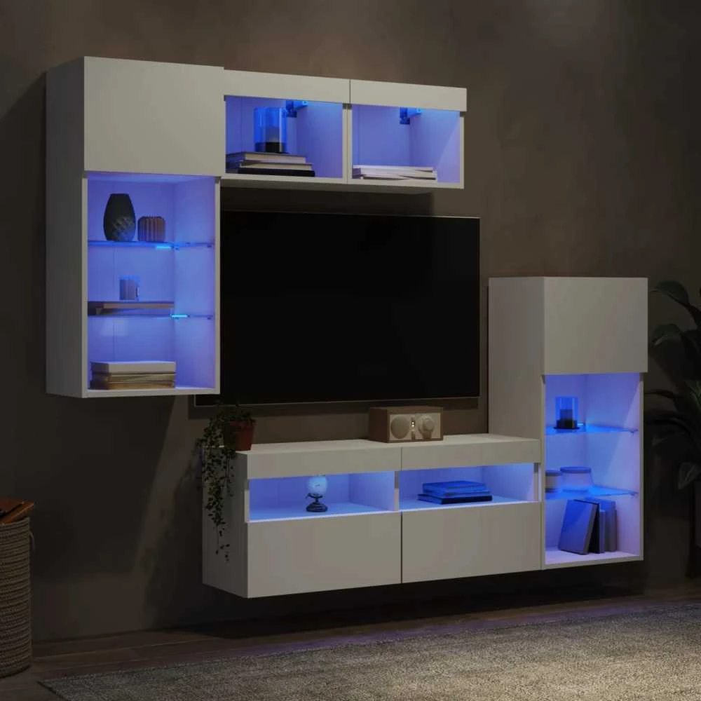TV staliukas Sieninė TV sekcija su LED, 5 dalių, balta, apdirbta mediena