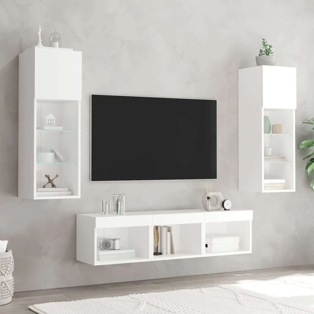 TV staliukas Sieninė TV sekcija su LED, 5 dalių, balta, apdirbta mediena