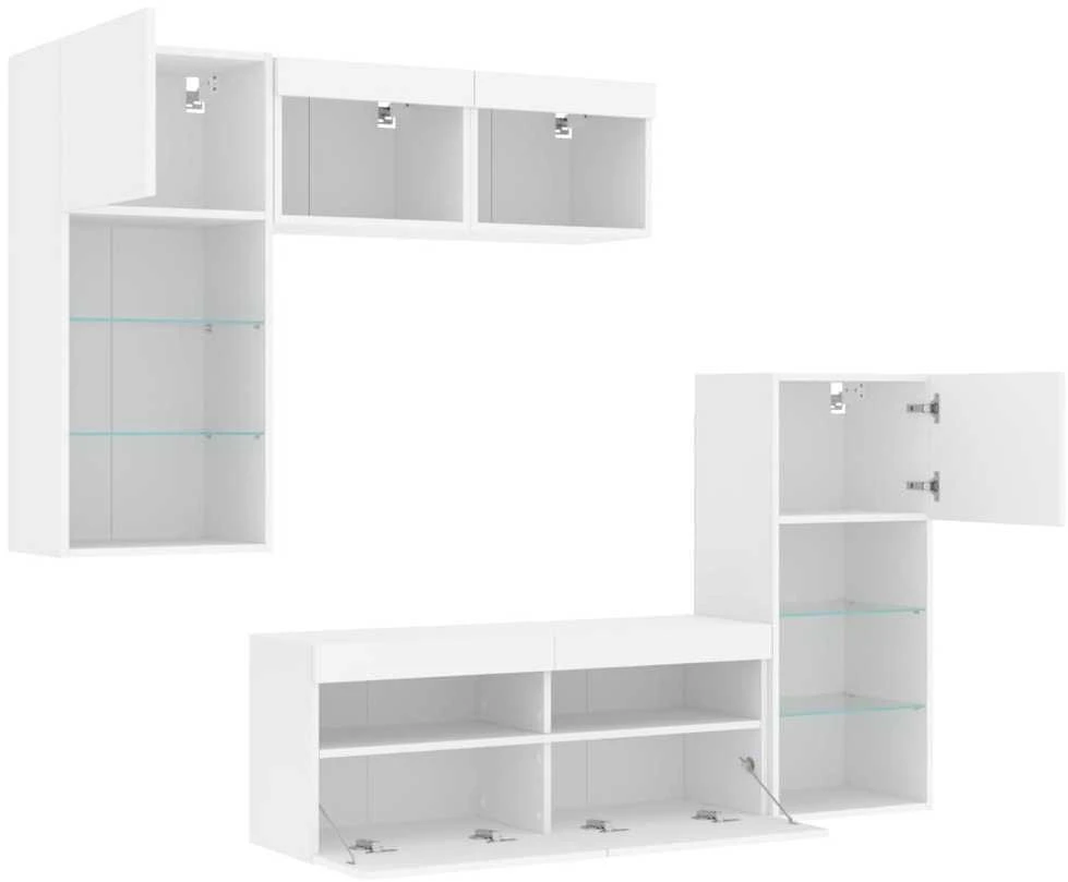 TV staliukas Sieninė TV sekcija su LED, 5 dalių, balta, apdirbta mediena