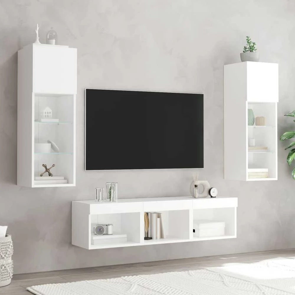 TV staliukas Sieninė TV sekcija su LED, 5 dalių, balta, apdirbta mediena