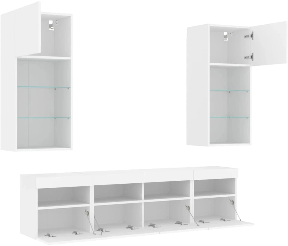TV staliukas Sieninė TV sekcija su LED, 5 dalių, balta, apdirbta mediena