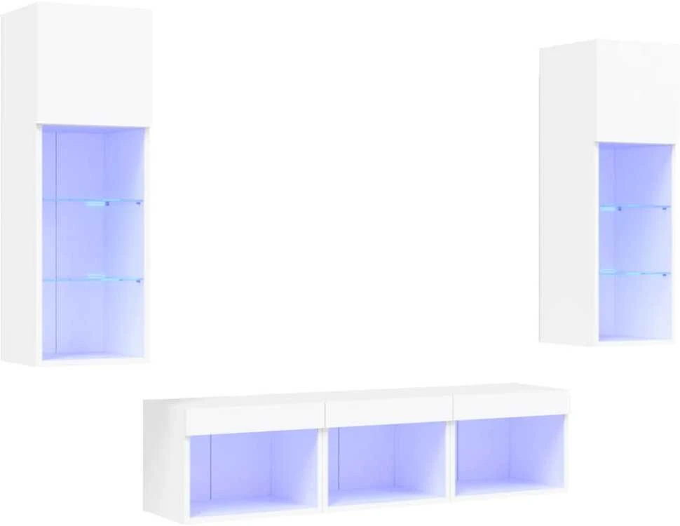 TV staliukas Sieninė TV sekcija su LED, 5 dalių, balta, apdirbta mediena