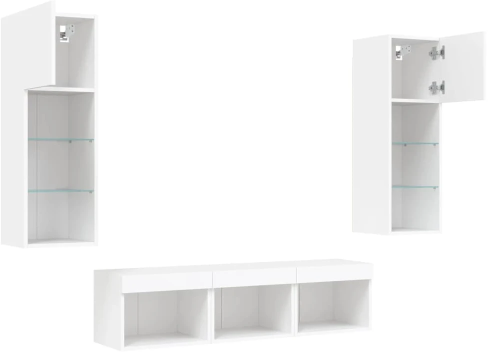 TV staliukas Sieninė TV sekcija su LED, 5 dalių, balta, apdirbta mediena