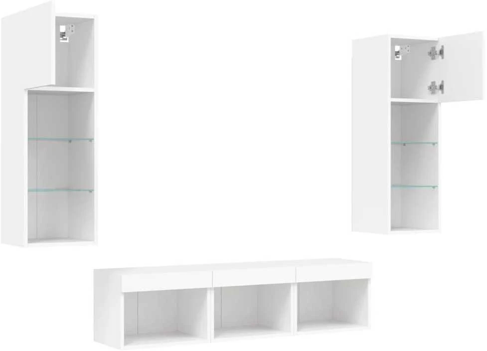 TV staliukas Sieninė TV sekcija su LED, 5 dalių, balta, apdirbta mediena