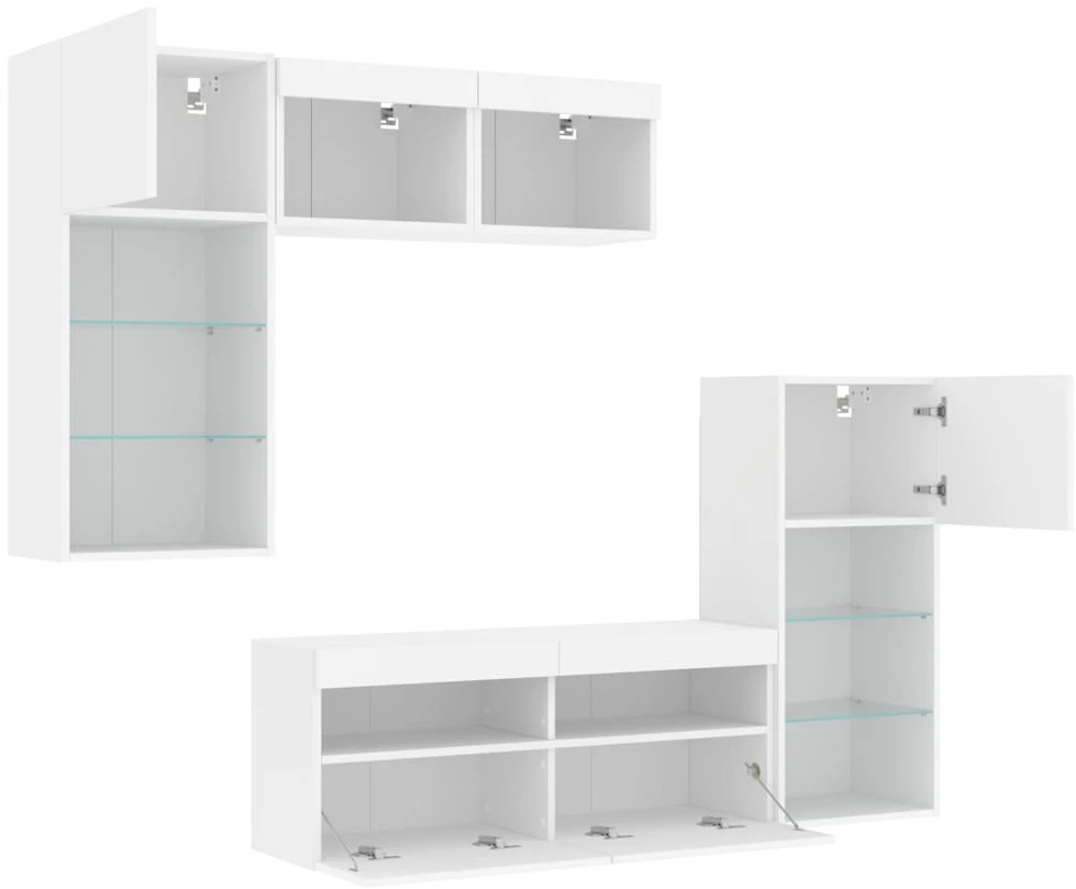 TV staliukas Sieninė TV sekcija su LED, 5 dalių, balta, apdirbta mediena
