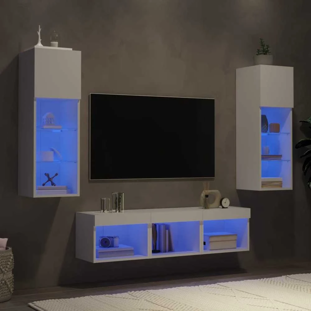 TV staliukas Sieninė TV sekcija su LED, 5 dalių, balta, apdirbta mediena