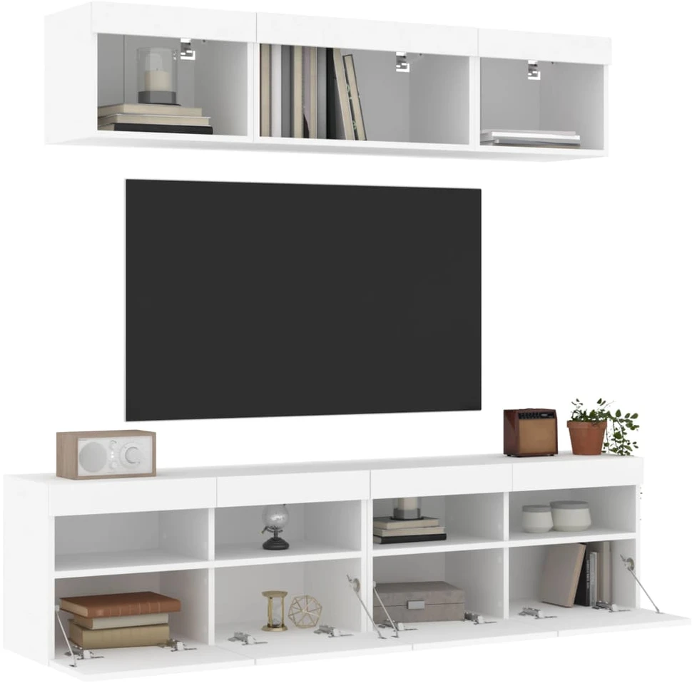 TV staliukas Sieninė TV sekcija su LED, 5 dalių, balta, apdirbta mediena