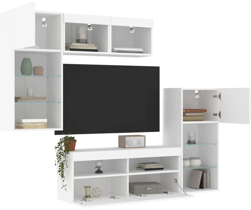 TV staliukas Sieninė TV sekcija su LED, 5 dalių, balta, apdirbta mediena