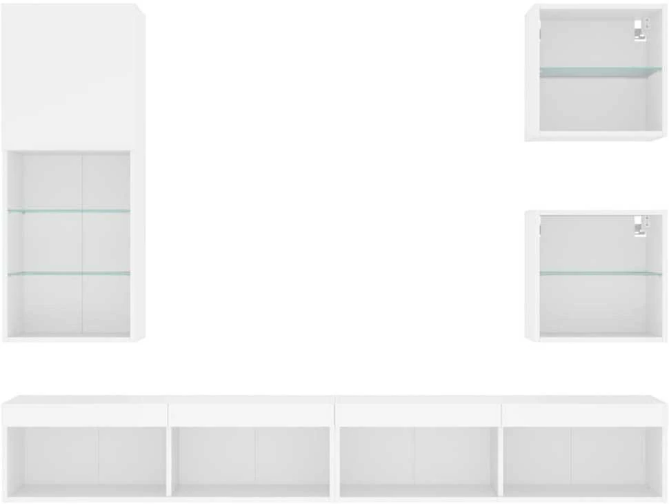 TV staliukas Sieninė TV sekcija su LED, 5 dalių, balta, apdirbta mediena
