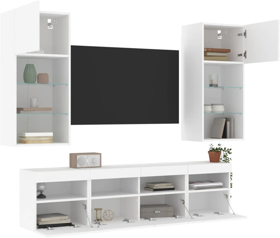 TV staliukas Sieninė TV sekcija su LED, 5 dalių, balta, apdirbta mediena