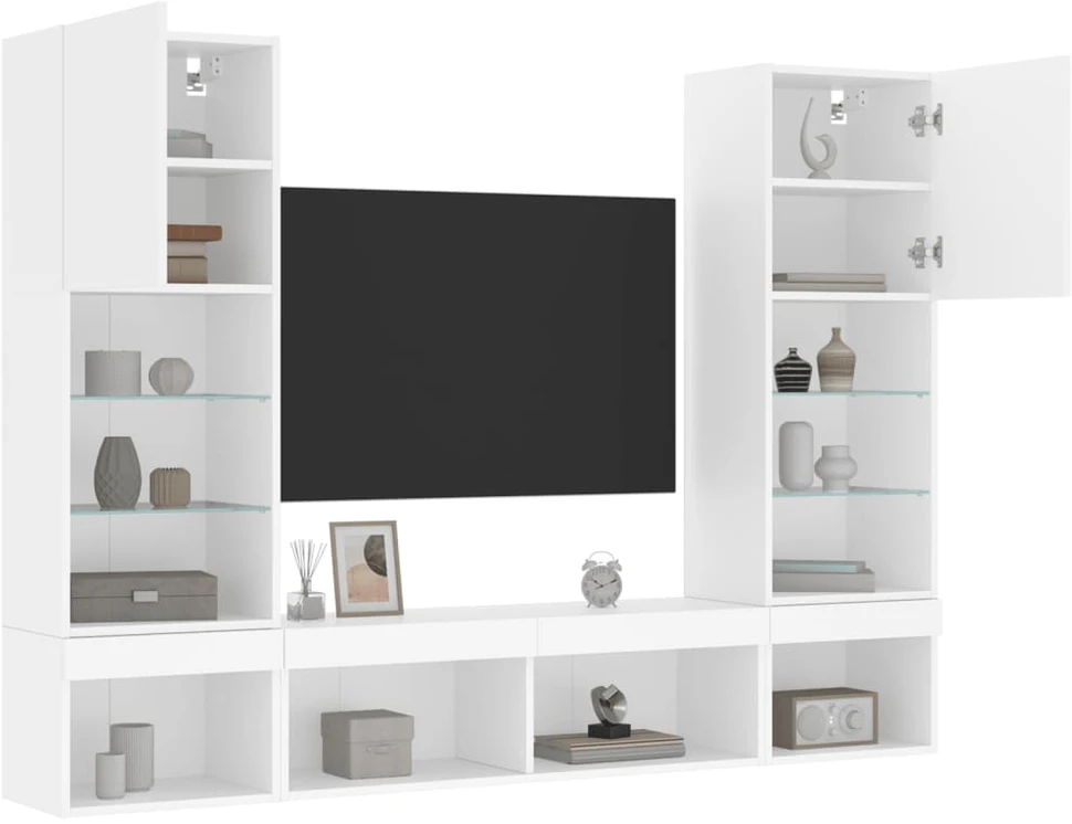 TV staliukas Sieninė TV sekcija su LED, 5 dalių, balta, apdirbta mediena
