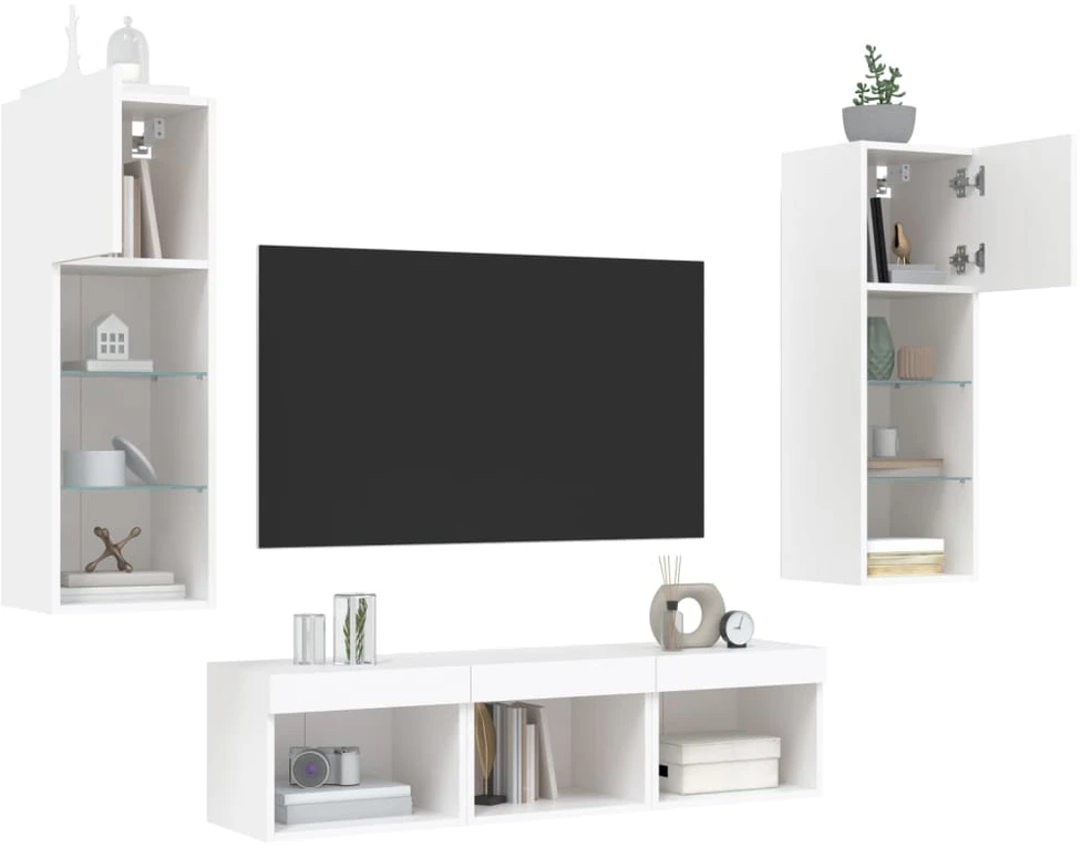 TV staliukas Sieninė TV sekcija su LED, 5 dalių, balta, apdirbta mediena
