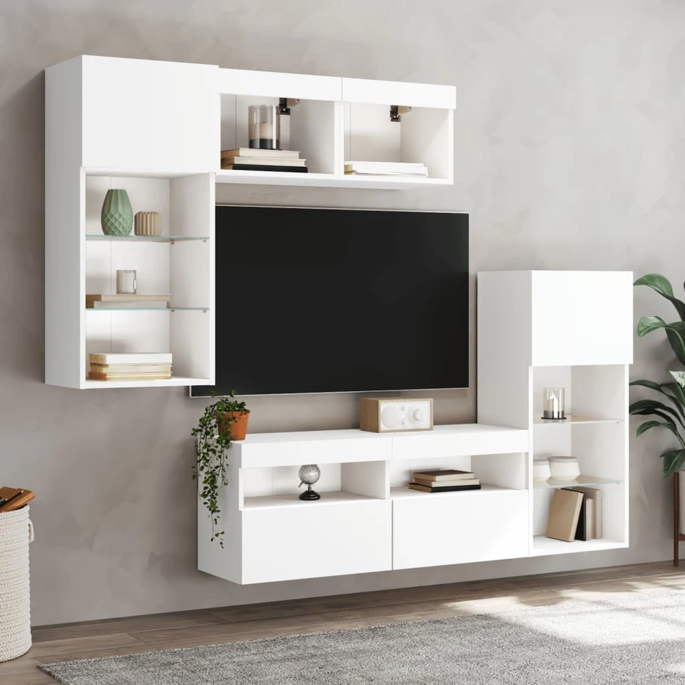 TV staliukas Sieninė TV sekcija su LED, 5 dalių, balta, apdirbta mediena