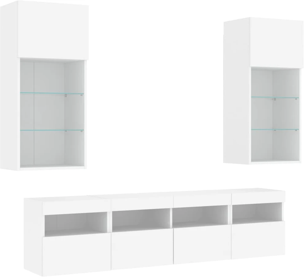 TV staliukas Sieninė TV sekcija su LED, 5 dalių, balta, apdirbta mediena