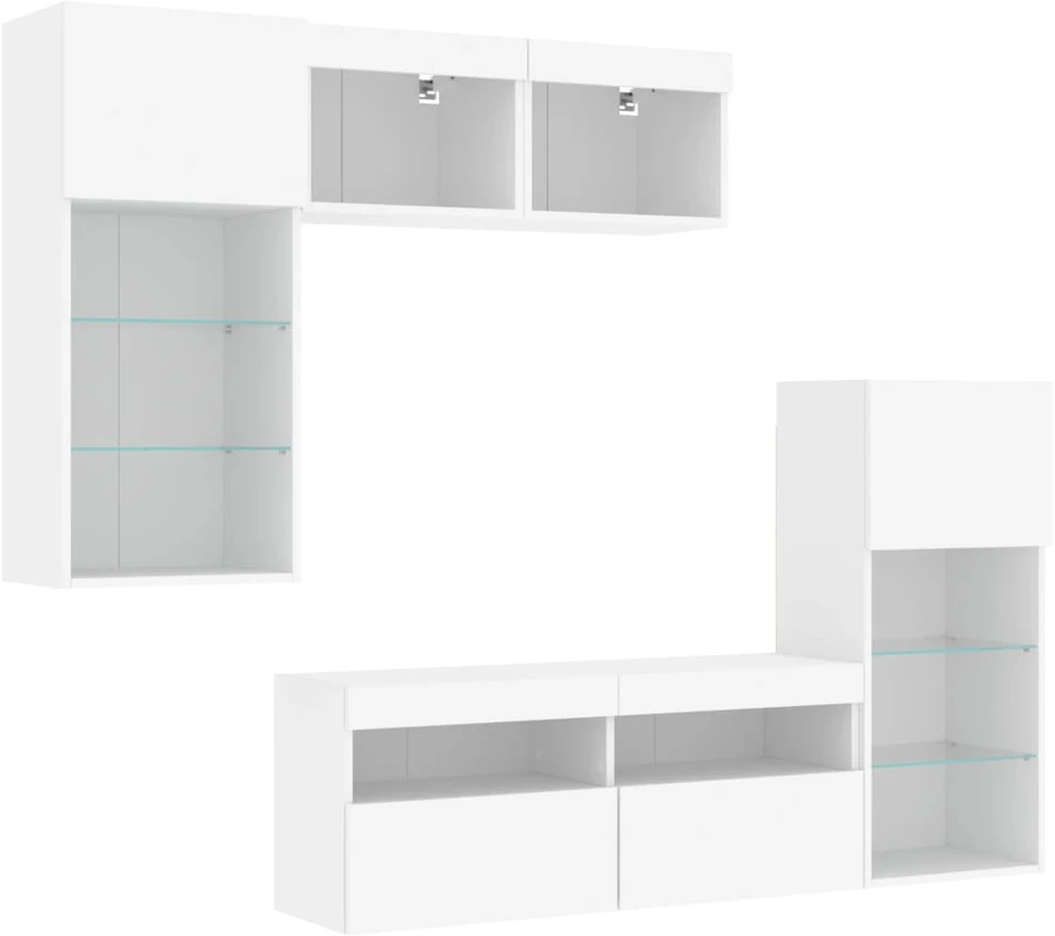 TV staliukas Sieninė TV sekcija su LED, 5 dalių, balta, apdirbta mediena