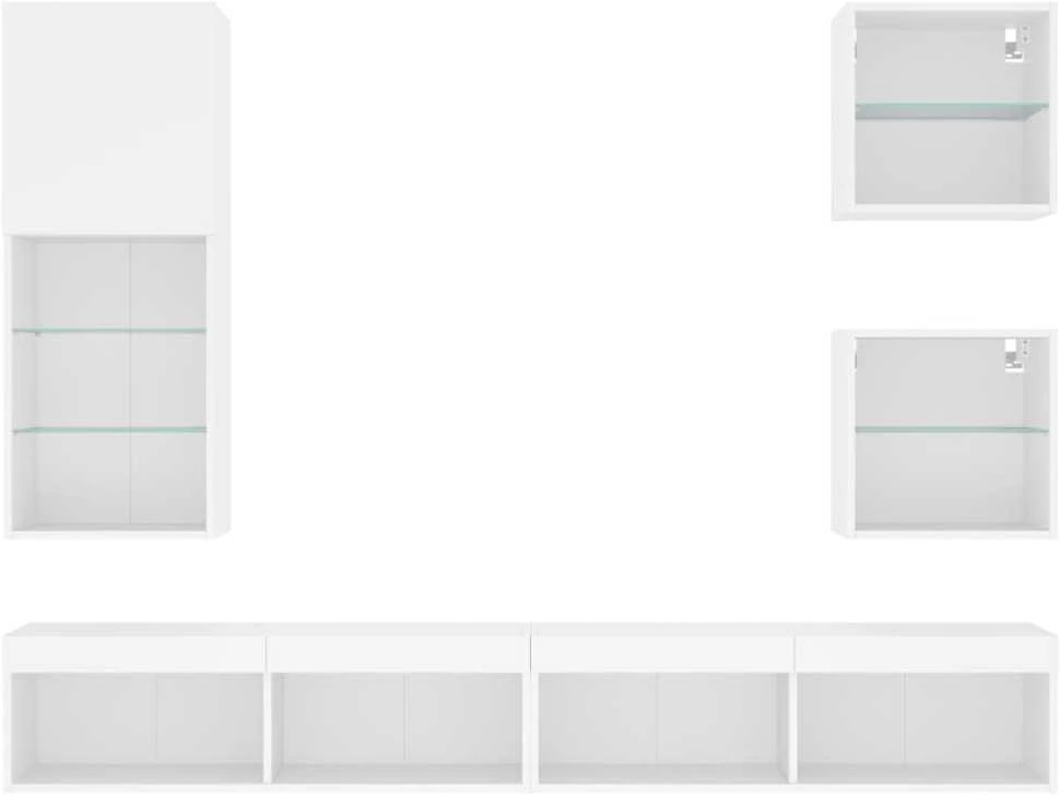 TV staliukas Sieninė TV sekcija su LED, 5 dalių, balta, apdirbta mediena