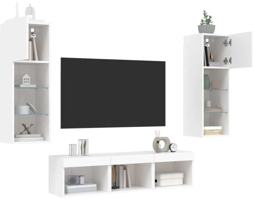 TV staliukas Sieninė TV sekcija su LED, 5 dalių, balta, apdirbta mediena
