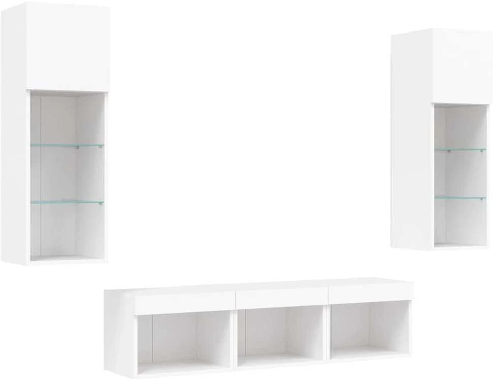 TV staliukas Sieninė TV sekcija su LED, 5 dalių, balta, apdirbta mediena