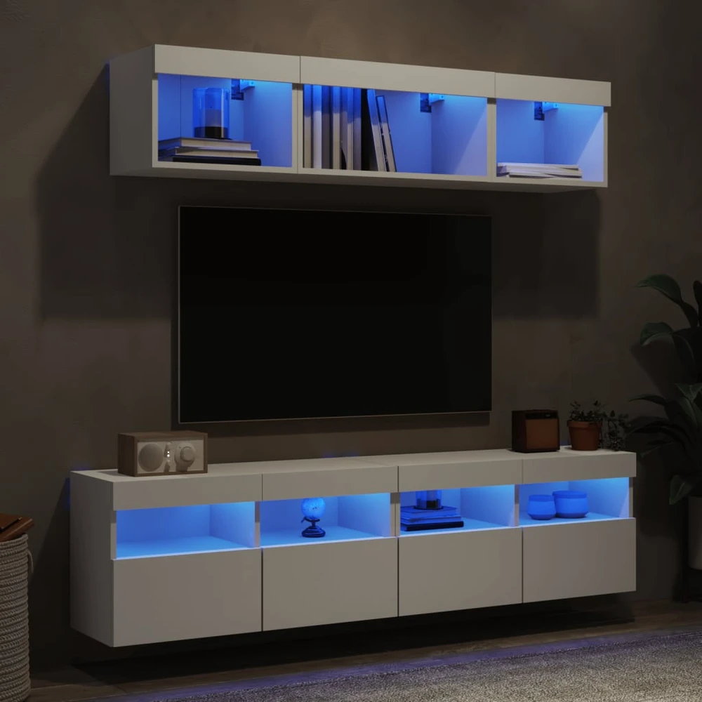 TV staliukas Sieninė TV sekcija su LED, 5 dalių, balta, apdirbta mediena