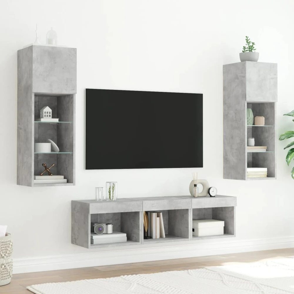 TV staliukas Sieninė TV sekcija su LED, 5 dalių, betono, apdirbta mediena