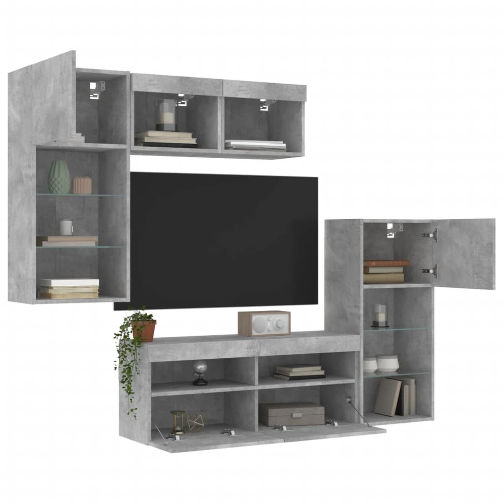 TV staliukas Sieninė TV sekcija su LED, 5 dalių, betono, apdirbta mediena