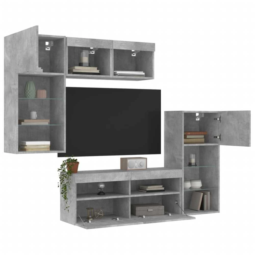 TV staliukas Sieninė TV sekcija su LED, 5 dalių, betono, apdirbta mediena
