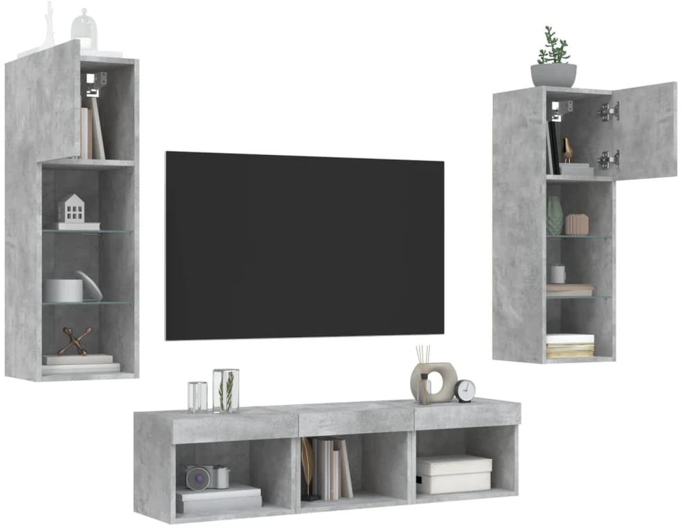 TV staliukas Sieninė TV sekcija su LED, 5 dalių, betono, apdirbta mediena