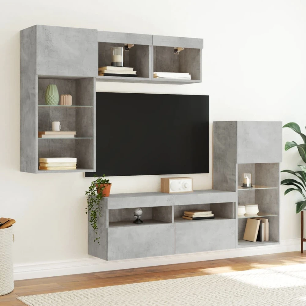 TV staliukas Sieninė TV sekcija su LED, 5 dalių, betono, apdirbta mediena