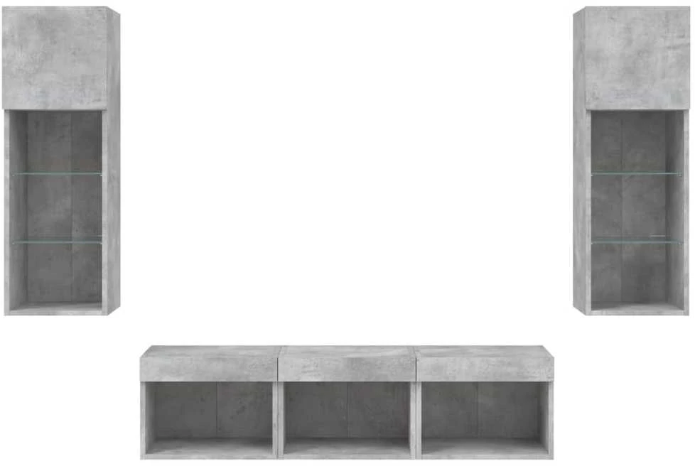 TV staliukas Sieninė TV sekcija su LED, 5 dalių, betono, apdirbta mediena