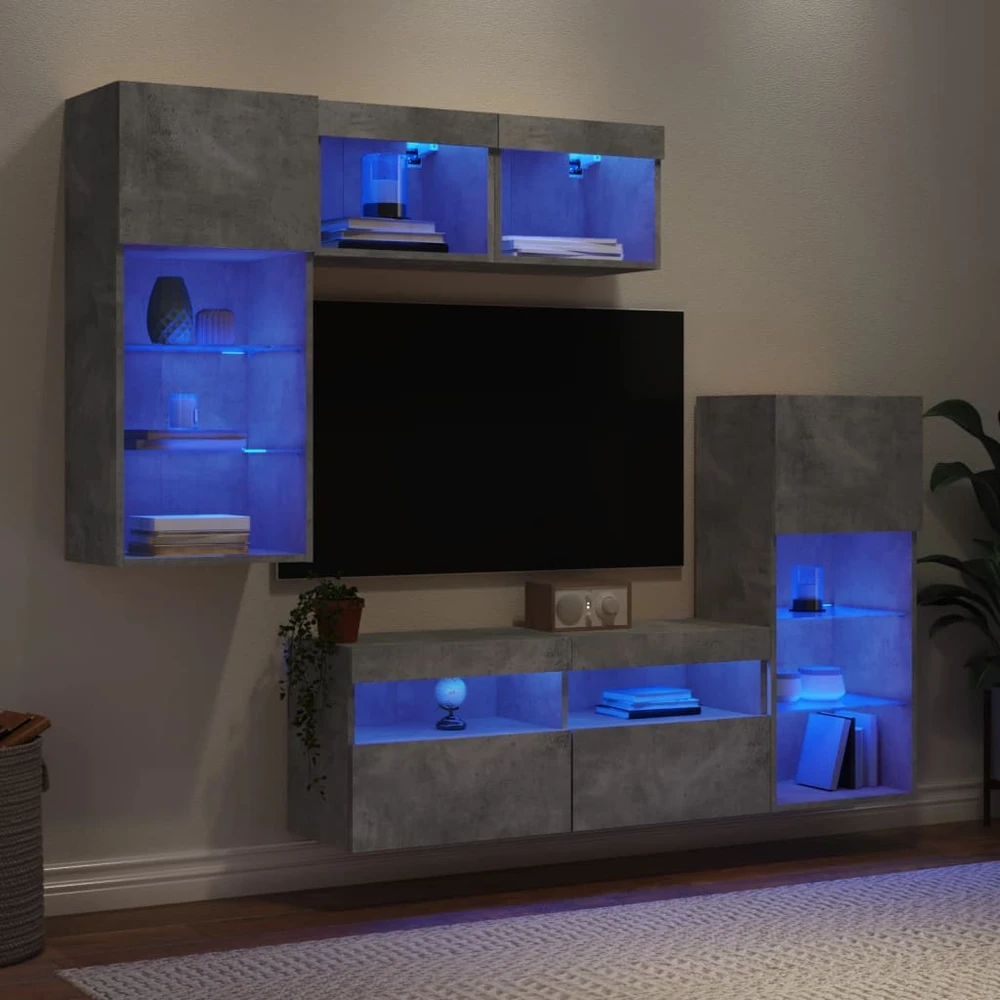 TV staliukas Sieninė TV sekcija su LED, 5 dalių, betono, apdirbta mediena