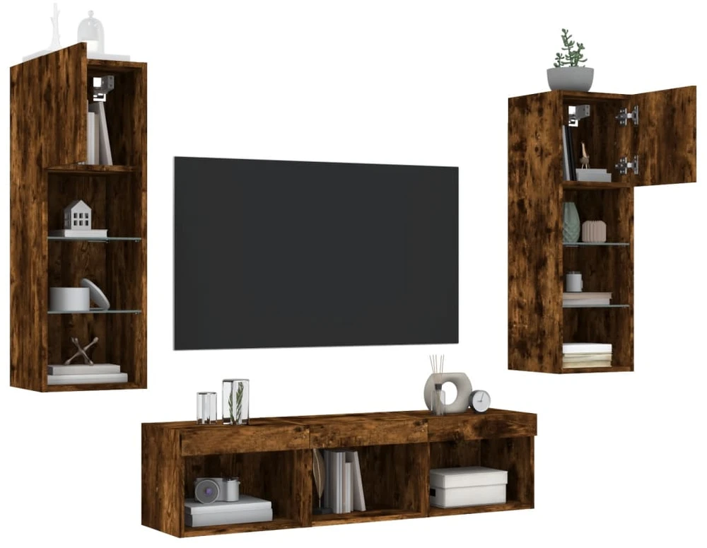 TV staliukas Sieninė TV sekcija su LED, 5 dalių, dūminio ąžuolo, mediena