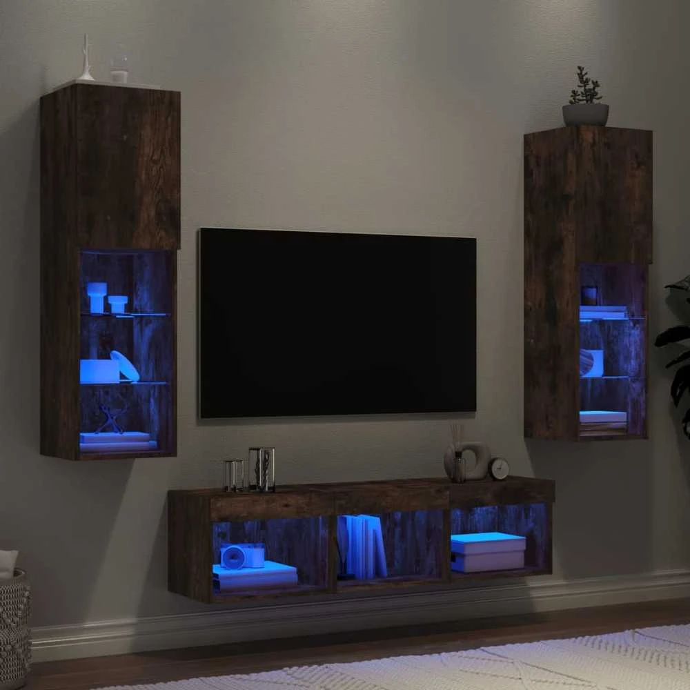 TV staliukas Sieninė TV sekcija su LED, 5 dalių, dūminio ąžuolo, mediena